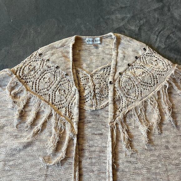 Knox Rose Short Sleeve Open Front Pointelle Knit Fringe Cardigan Size M Boho - Picture 4 of 10